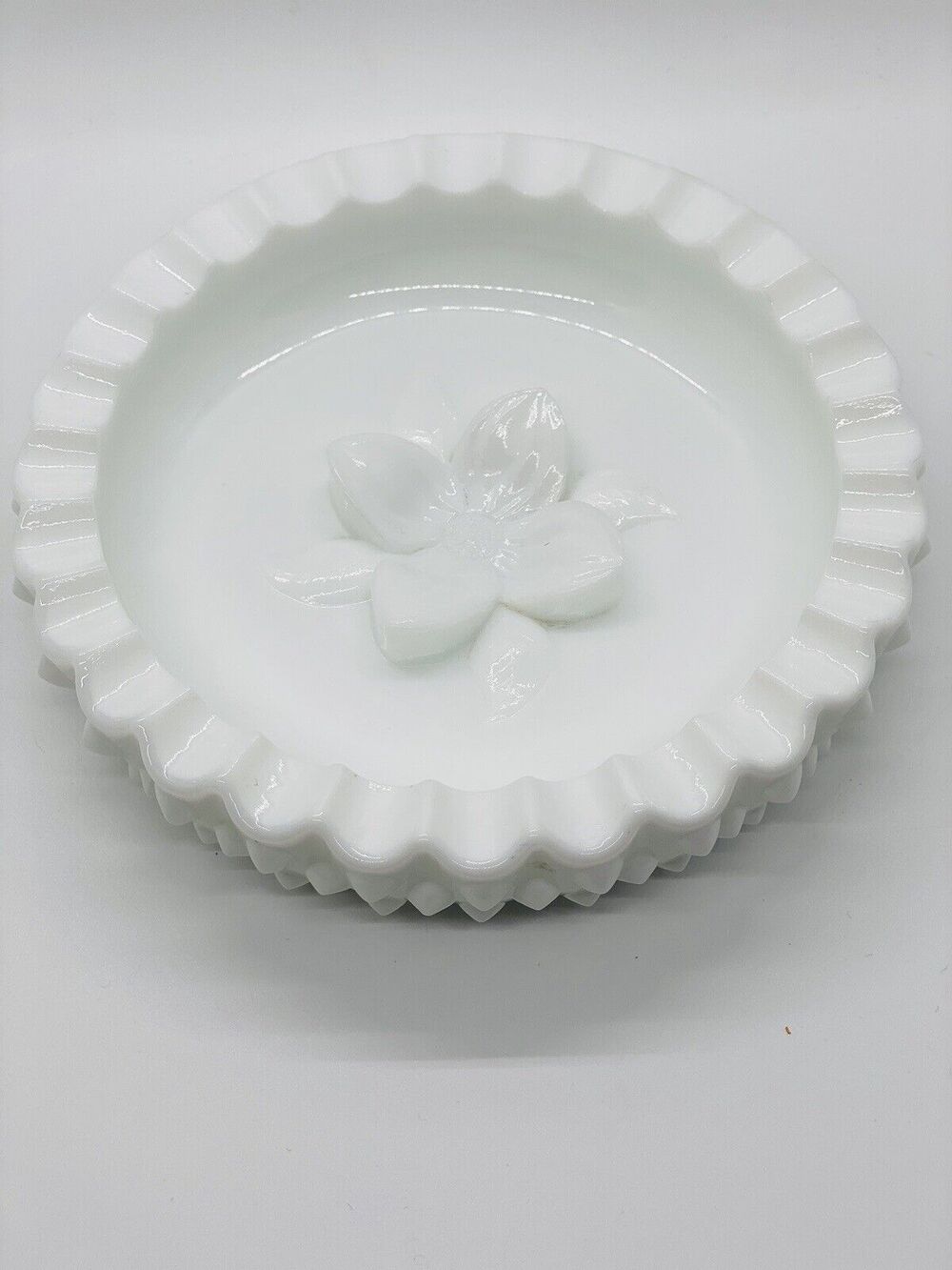 Fenton Vintage White Hobnail Milk Glass Ashtray w/Dogwood Flower in Center
